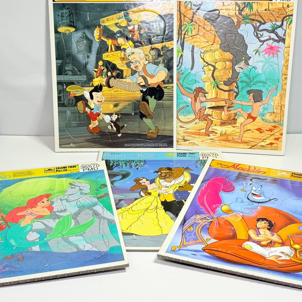 Vintage Disney Golden Frame-Tray Puzzle Lot Aladdin Mermaid Beauty Beast 5pc